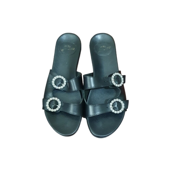 J.CREW Bedford Black Leather Two Straps Slide Sandals Rhinestone Detail … - Picture 2 of 6